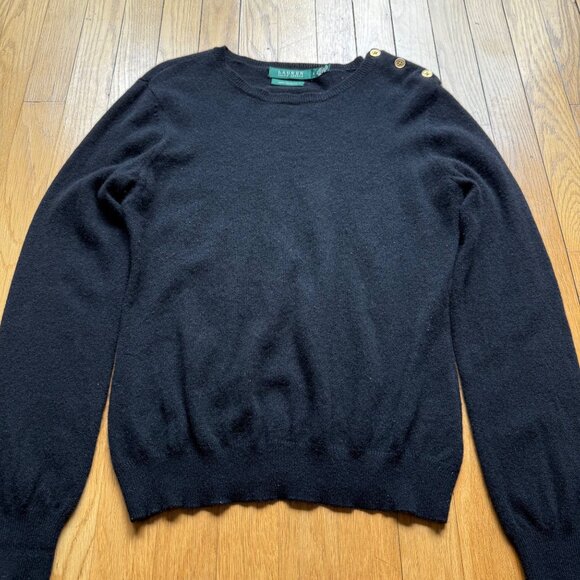 100% Cashmere Lauren Ralph Lauren Size L Black Knit Pullover Crew Neck Sweater - Picture 3 of 16